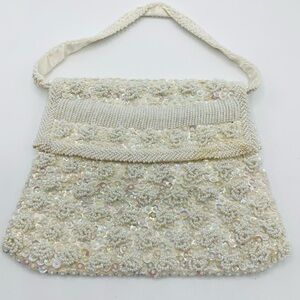 Vintage 1960s Hong Kong Beaded Ivory Sequin Pearl Evening Bag Purse
